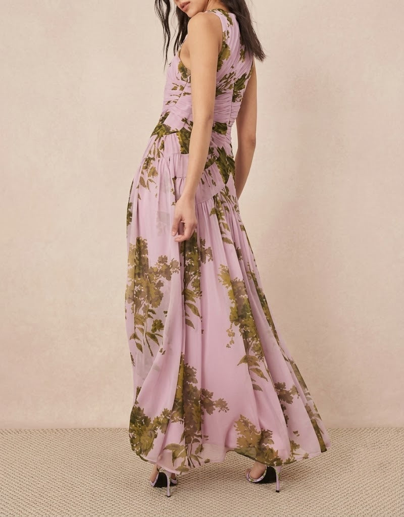 Chiffon Ruched Panel Dropped Waist Volume Maxi Dress