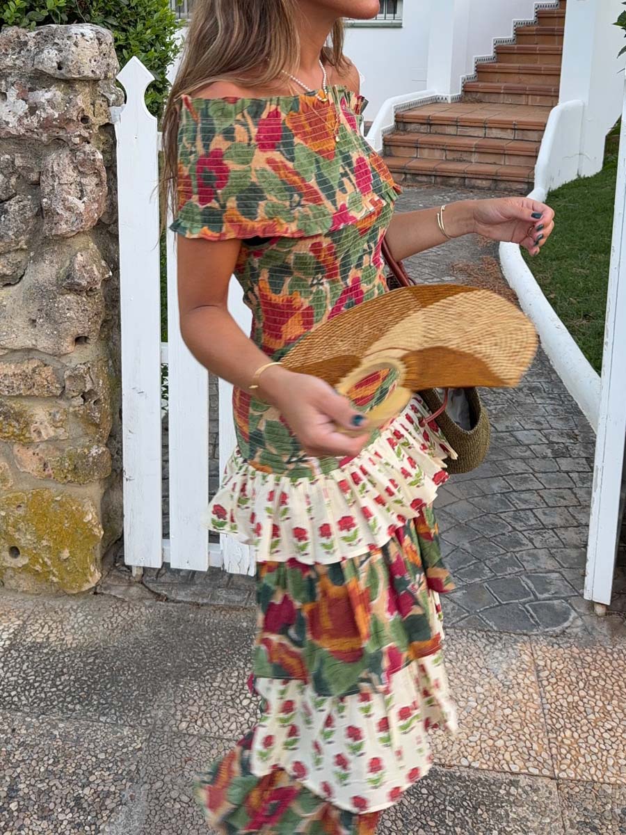 Floral Print Off Shoulder Fold Dress