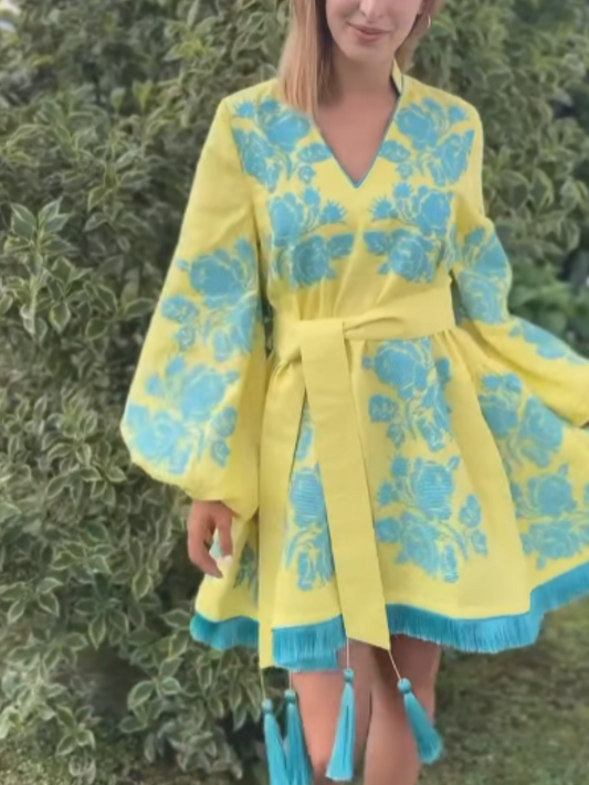 Embroidered V-neck Tie-waist Mini Dress