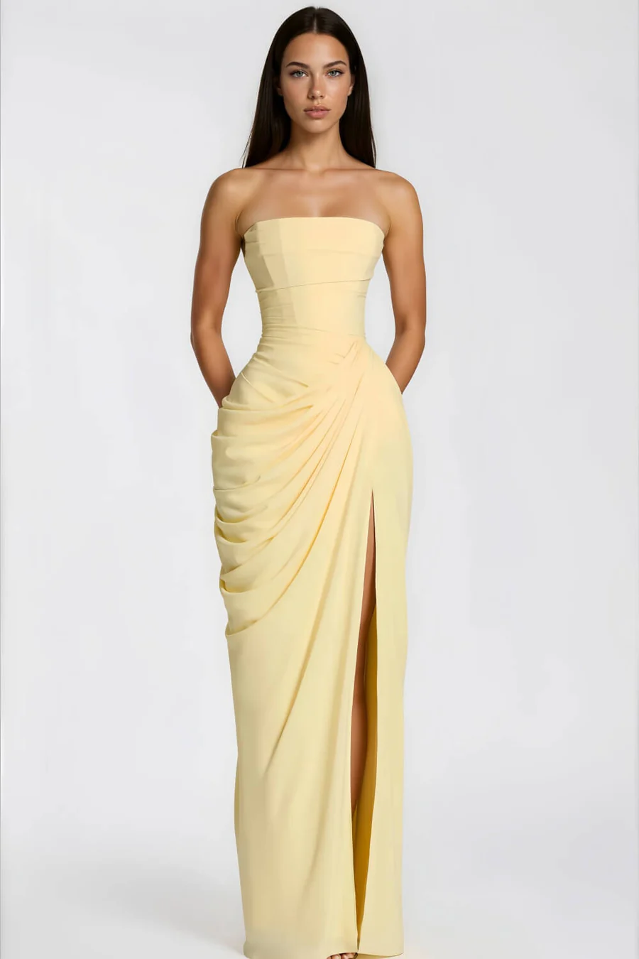 Strapless Draped High-Slit Maxi Dress