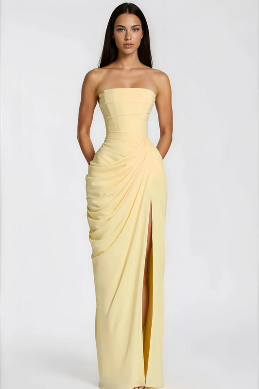 Strapless Draped High-Slit Maxi Dress