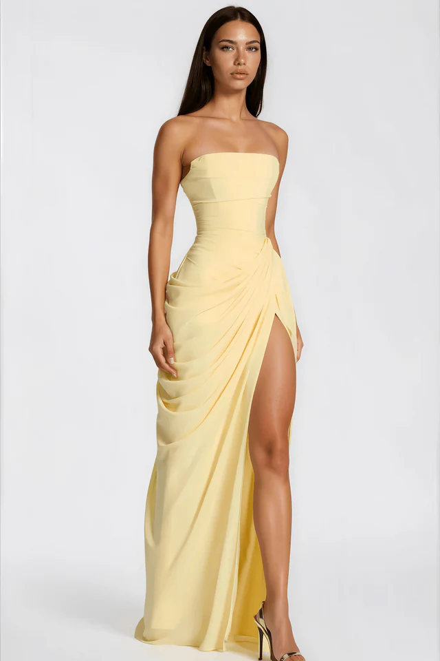 Strapless Draped High-Slit Maxi Dress
