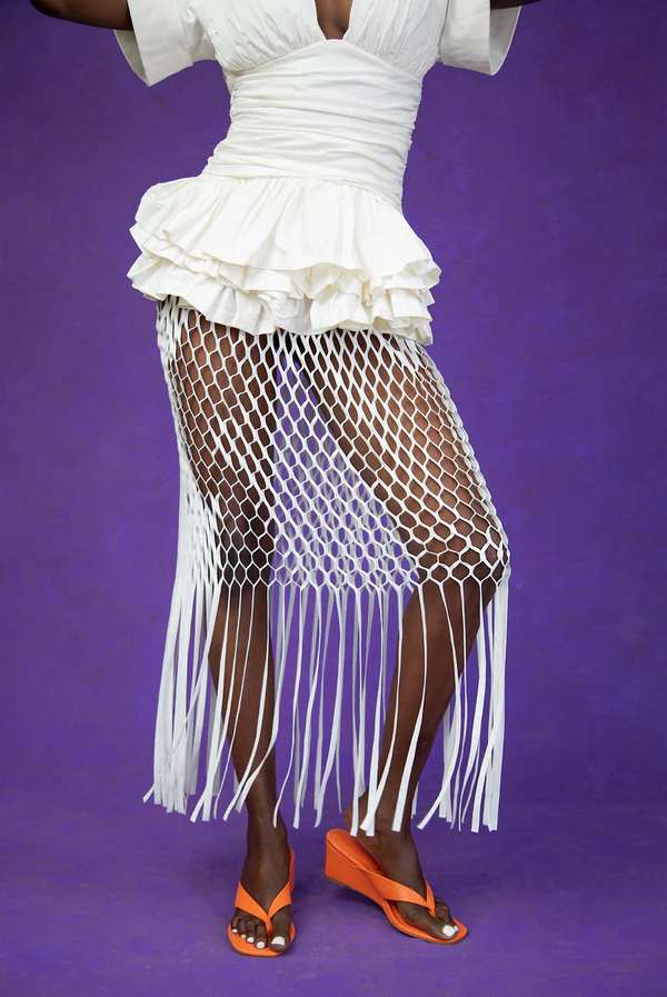 White Ruched Ruffle Top & Laser Cut Skirt Set