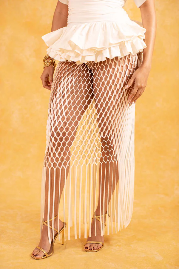 White Ruched Ruffle Top & Laser Cut Skirt Set