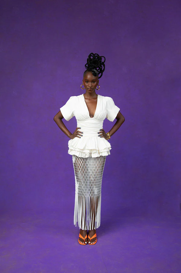 White Ruched Ruffle Top & Laser Cut Skirt Set