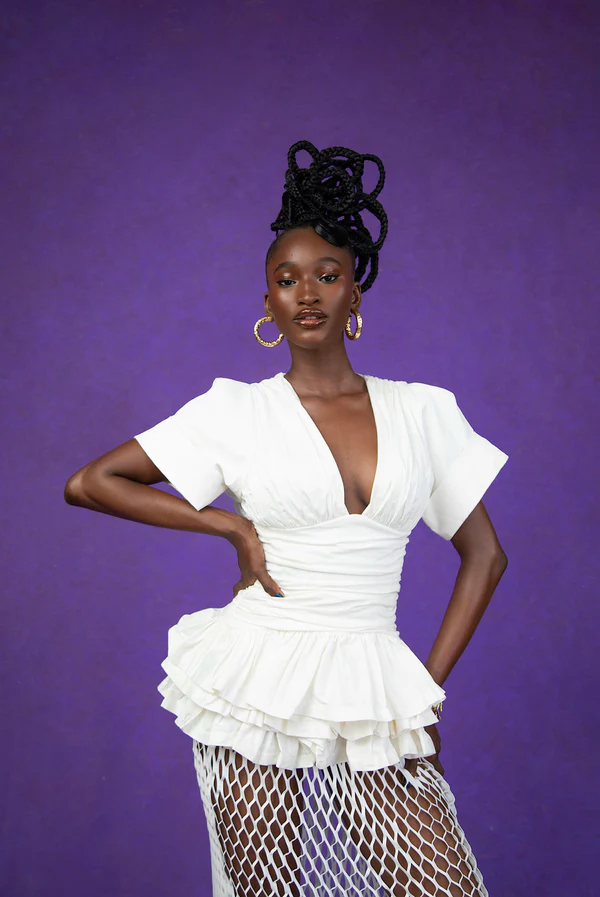 White Ruched Ruffle Top & Laser Cut Skirt Set