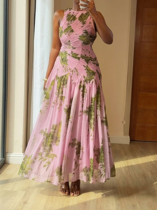 Chiffon Ruched Panel Dropped Waist Volume Maxi Dress