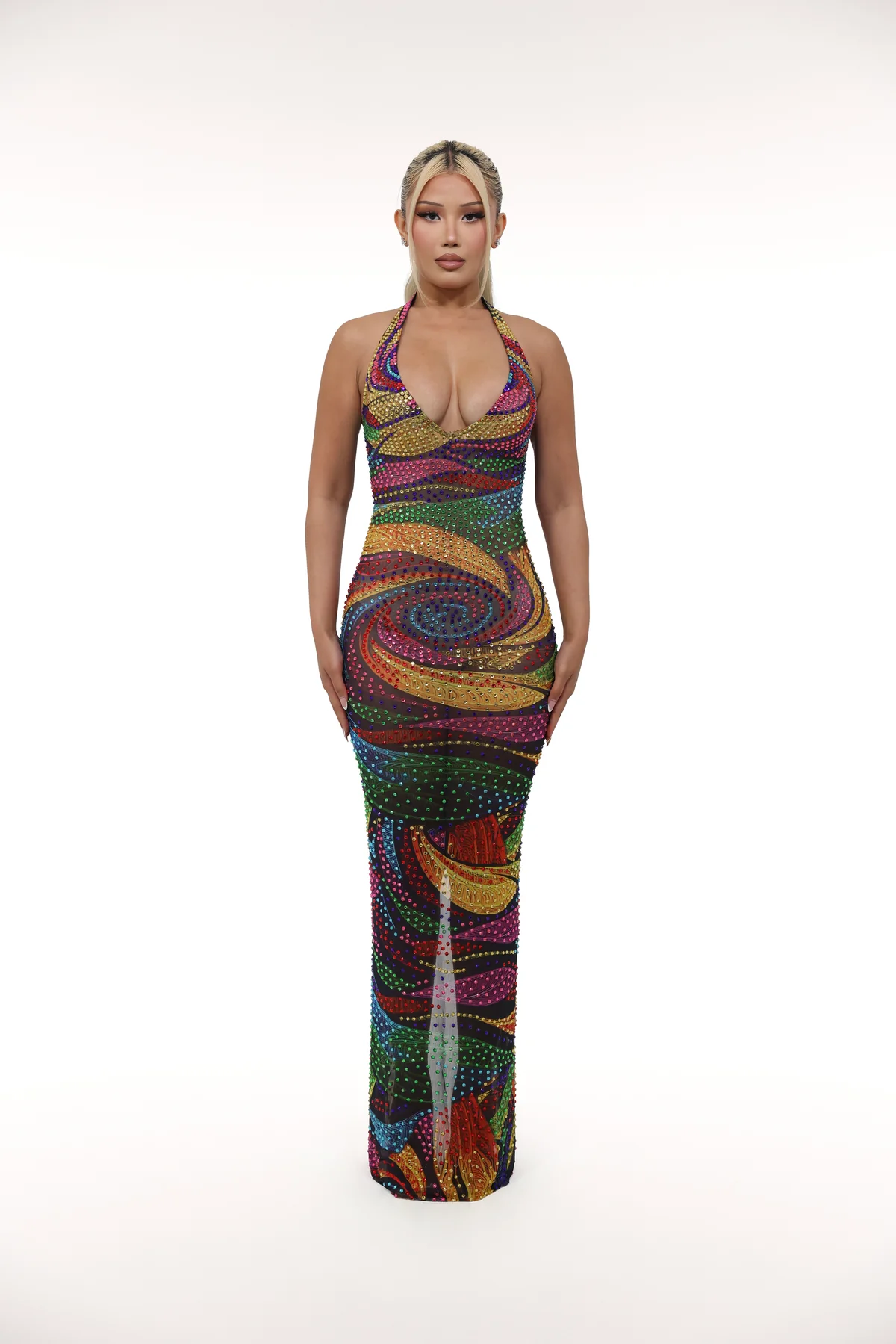 Colorful Tassel Rhinestone Halter Maxi Dress