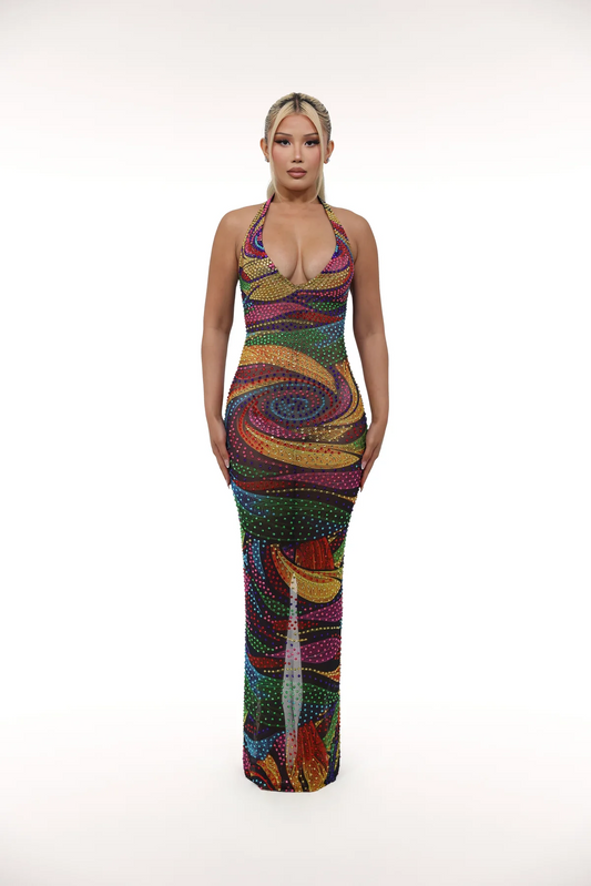 Colorful Tassel Rhinestone Halter Maxi Dress
