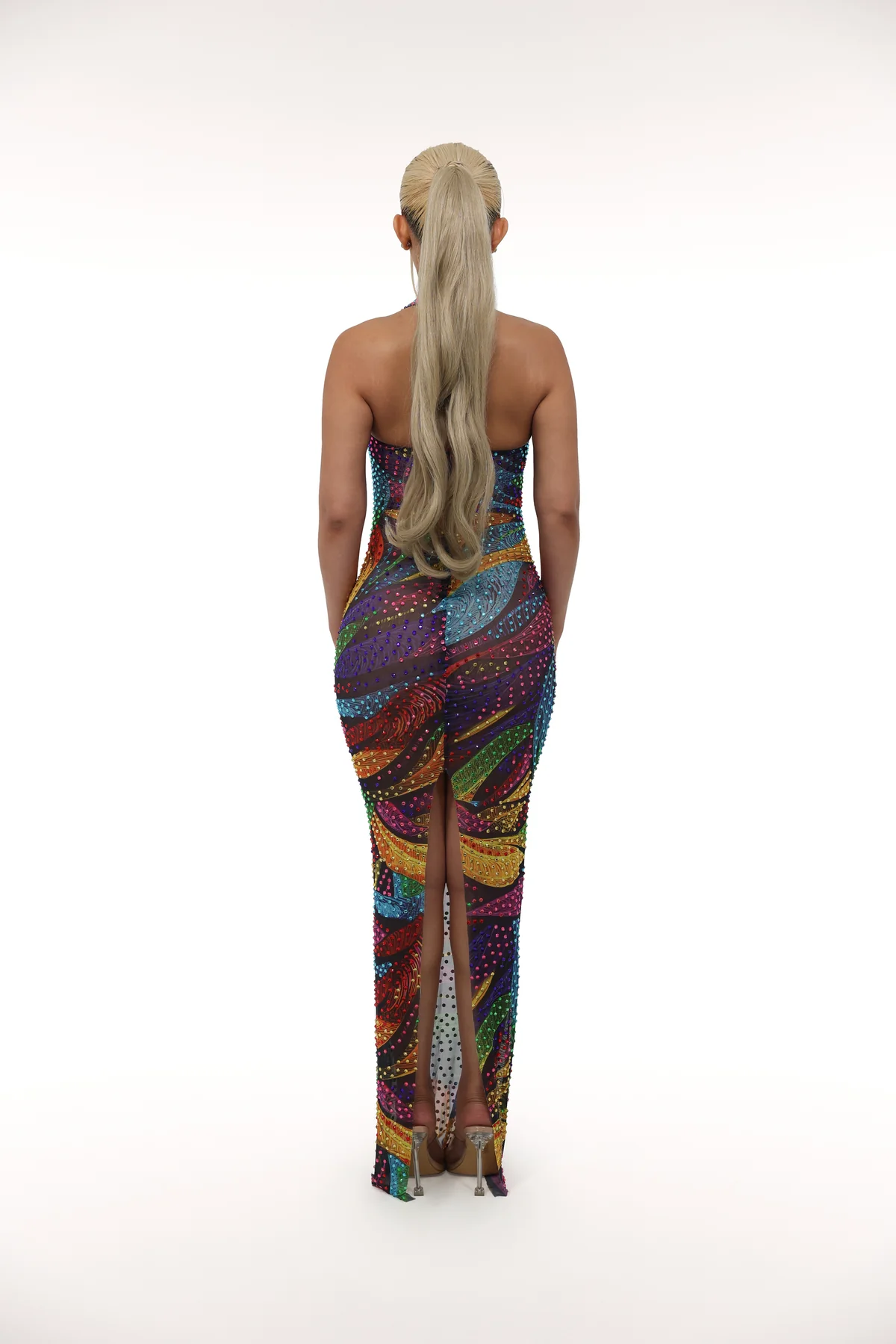 Colorful Tassel Rhinestone Halter Maxi Dress