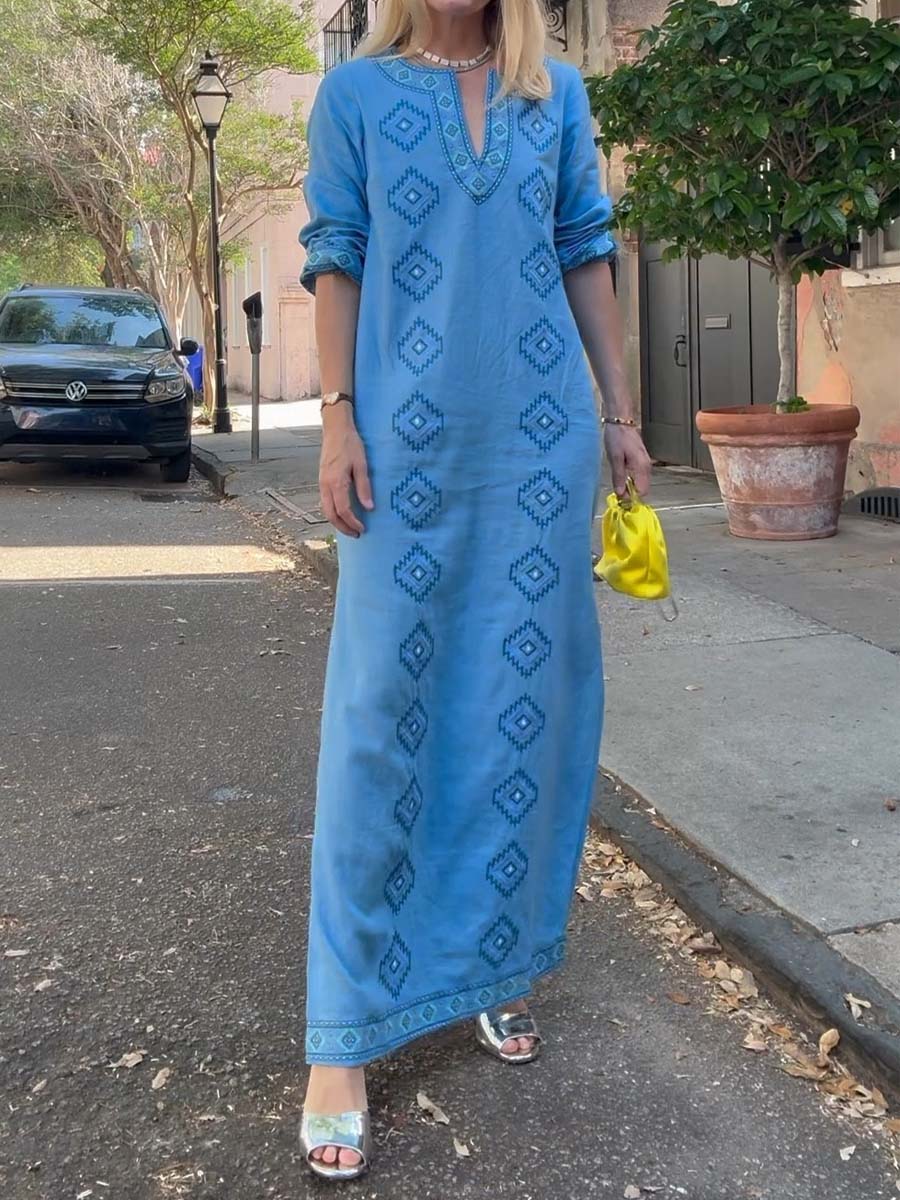 Printed Long Sleeve Slit Hem Dress